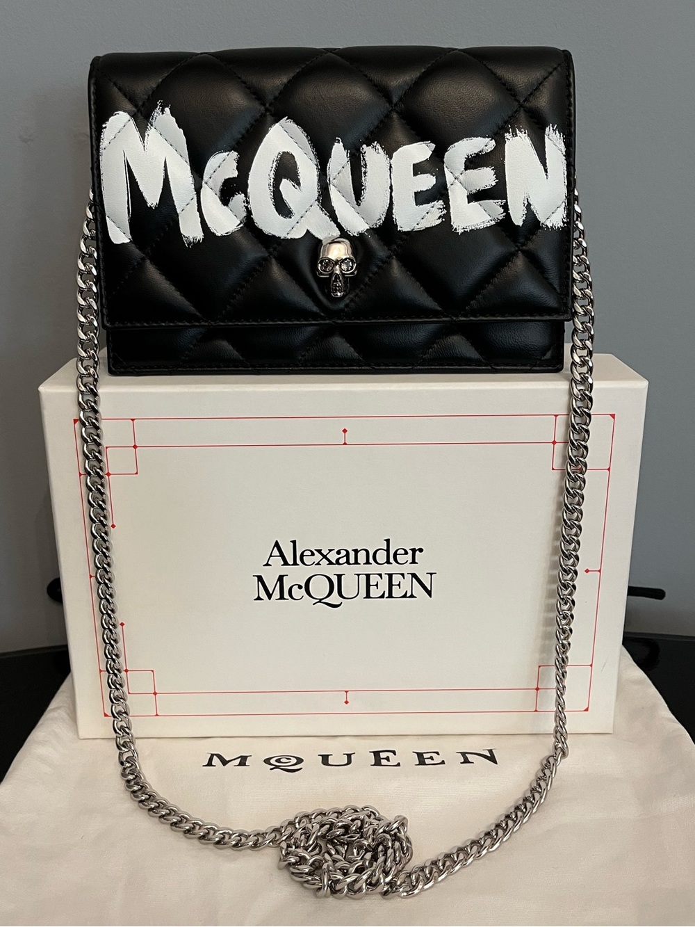 BNIB Alexander McQueen Black w/ White Graffiti Quilted Leather Small Skull Bag